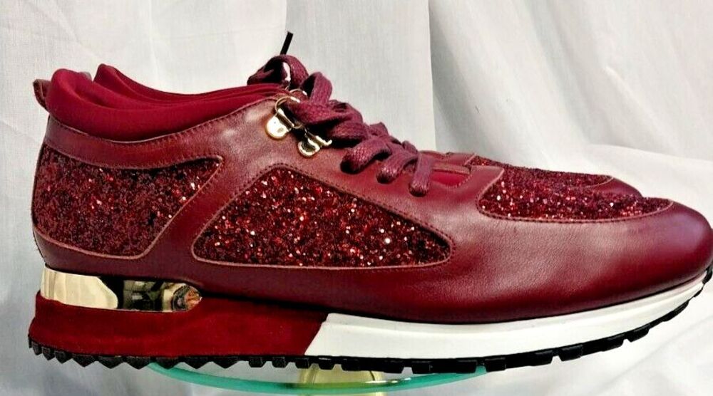 Rare Vinci Sneakers Burgundy Leather Glitter Gold Size 41 Italy US 8 Mens